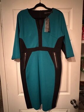 NWT Colorblock Sz 14 Deep Teal Midi Dress with Black Accents & Zipper Pockets